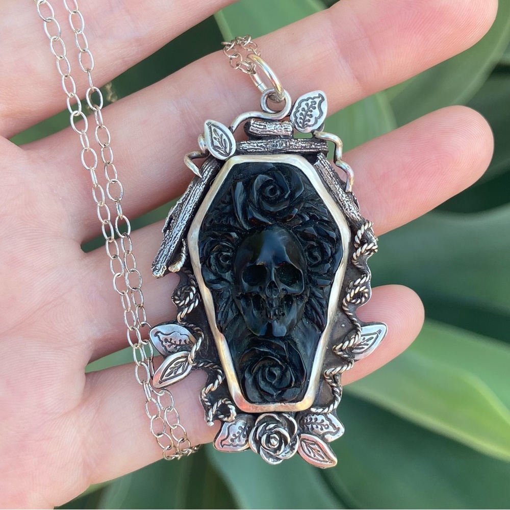 Artisan handmade Skull garden coffin necklace